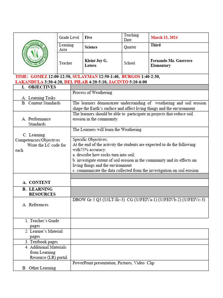 Weathering Lesson Plan for Grade 5 | PDF | Weathering | Rock (Geology)