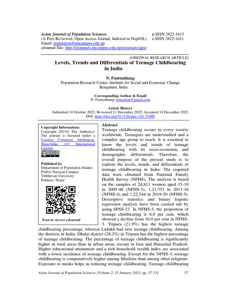 Levels, Trends and Differentials of Teenage Childbearing in India | PDF ...