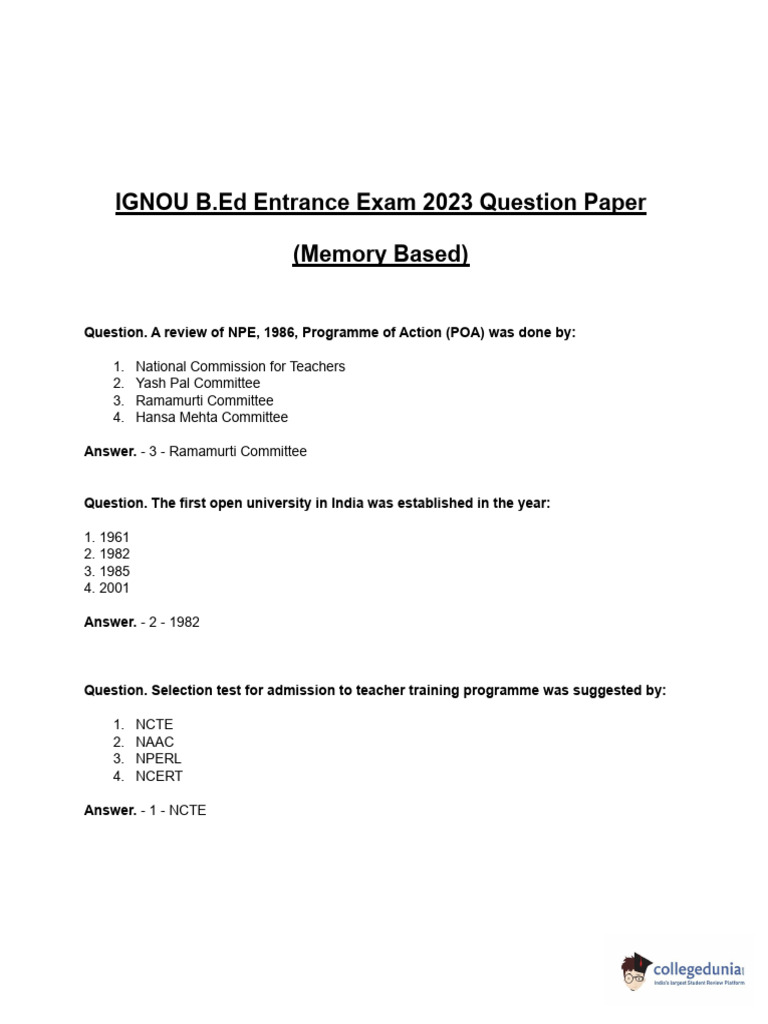 Ignou Bed Entrance Exam 2023 Question Paper PDF Curriculum Teachers