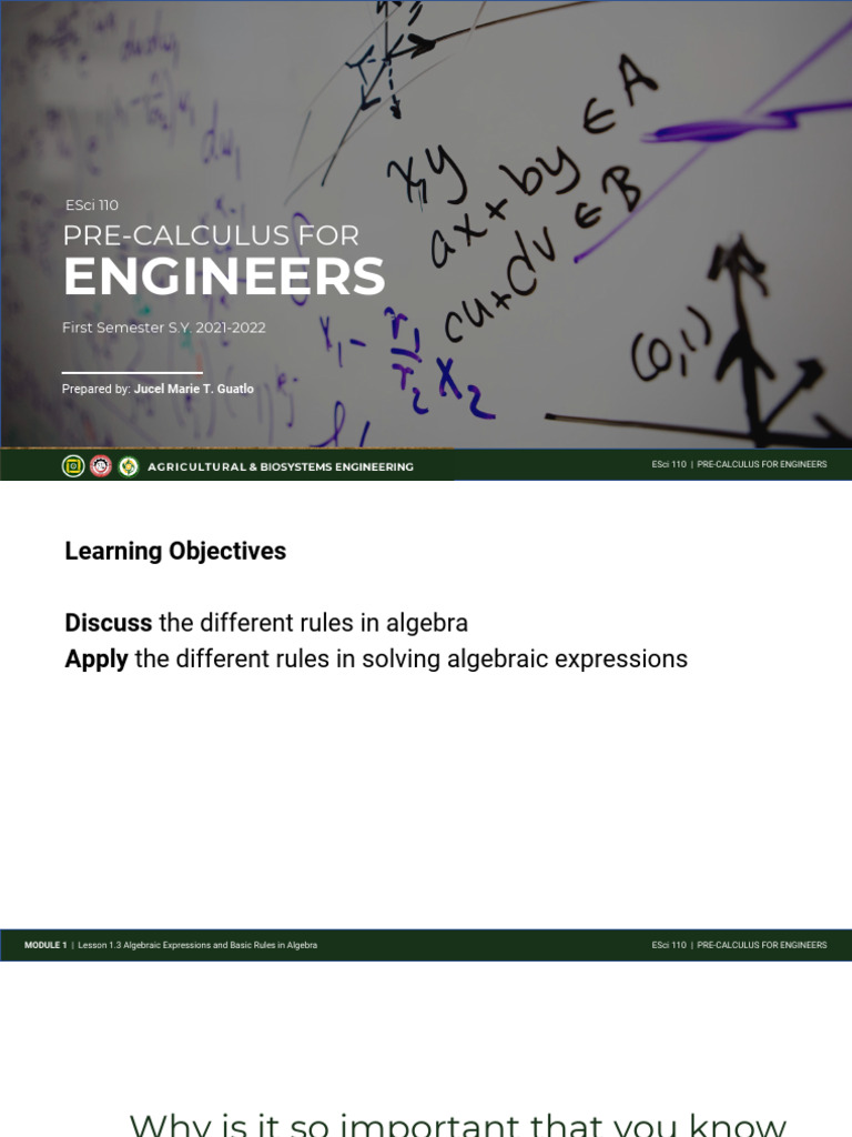 Lesson 1.3 Algebraic Expressions and Basic Rules in Algebra | PDF ...