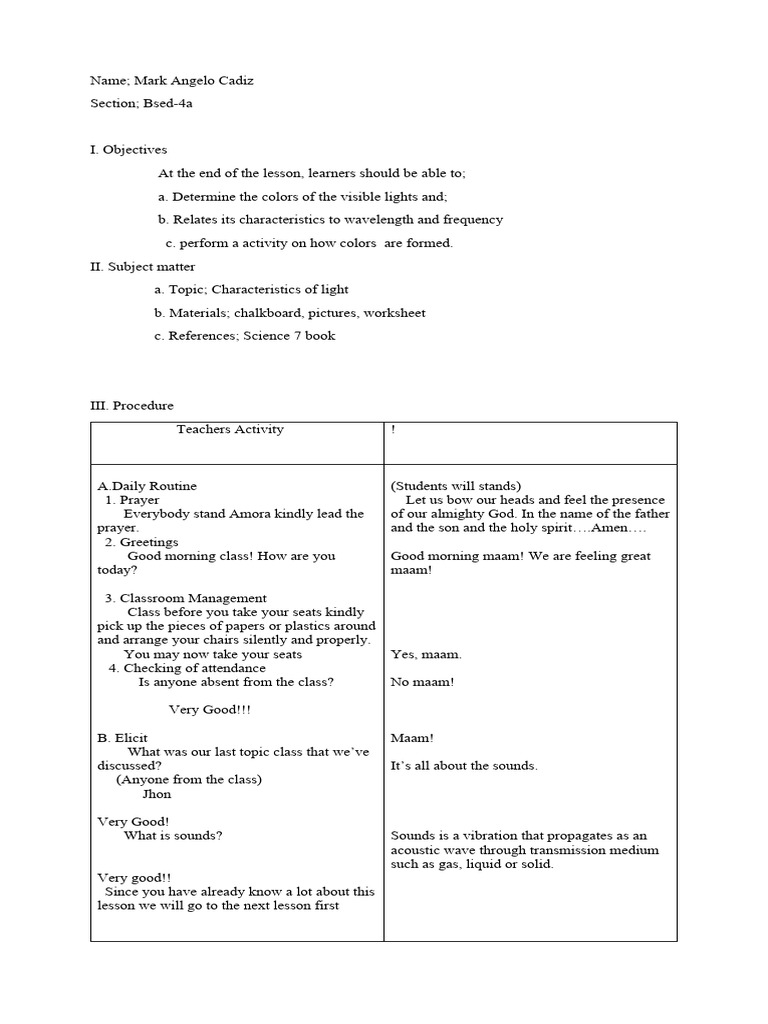 Mark Lesson Plan in Science | PDF | Light | Waves
