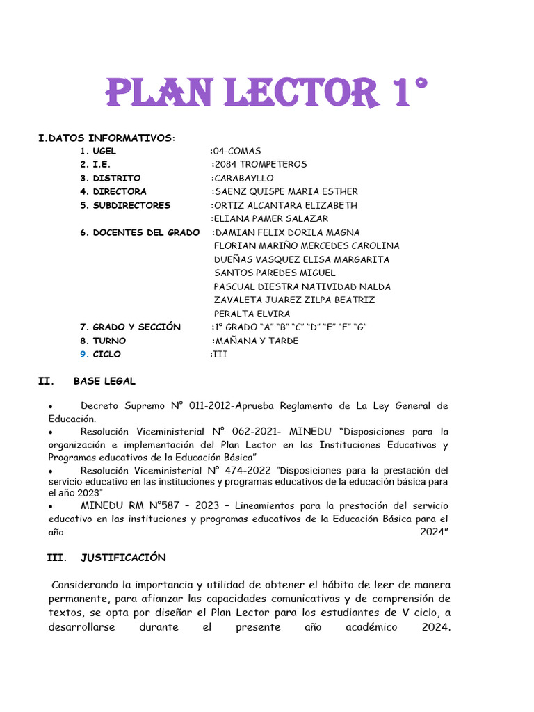 Plan Lector 1 | PDF | Comprensión lectora | Ciencia cognitiva