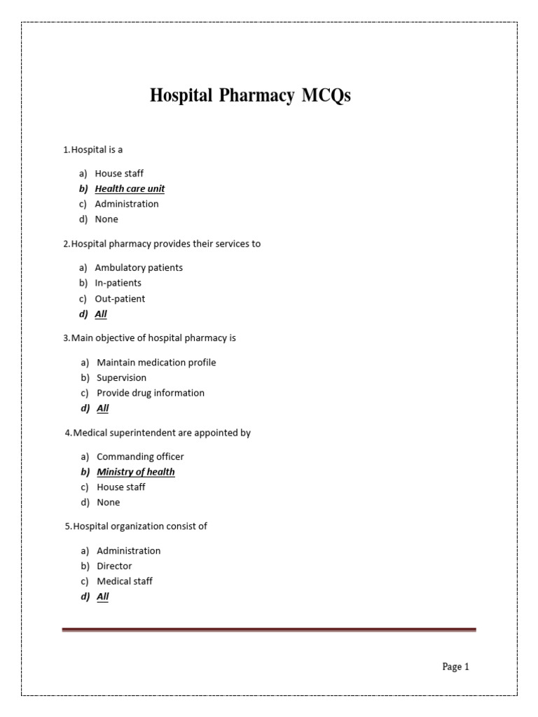 Hospital Pharmacy MCQs and Answers | PDF | Pharmacy | Medical Prescription