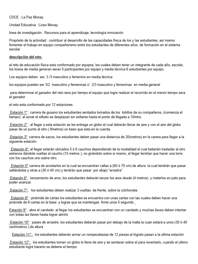 Reto de Educación Física en Liceo Monay | PDF