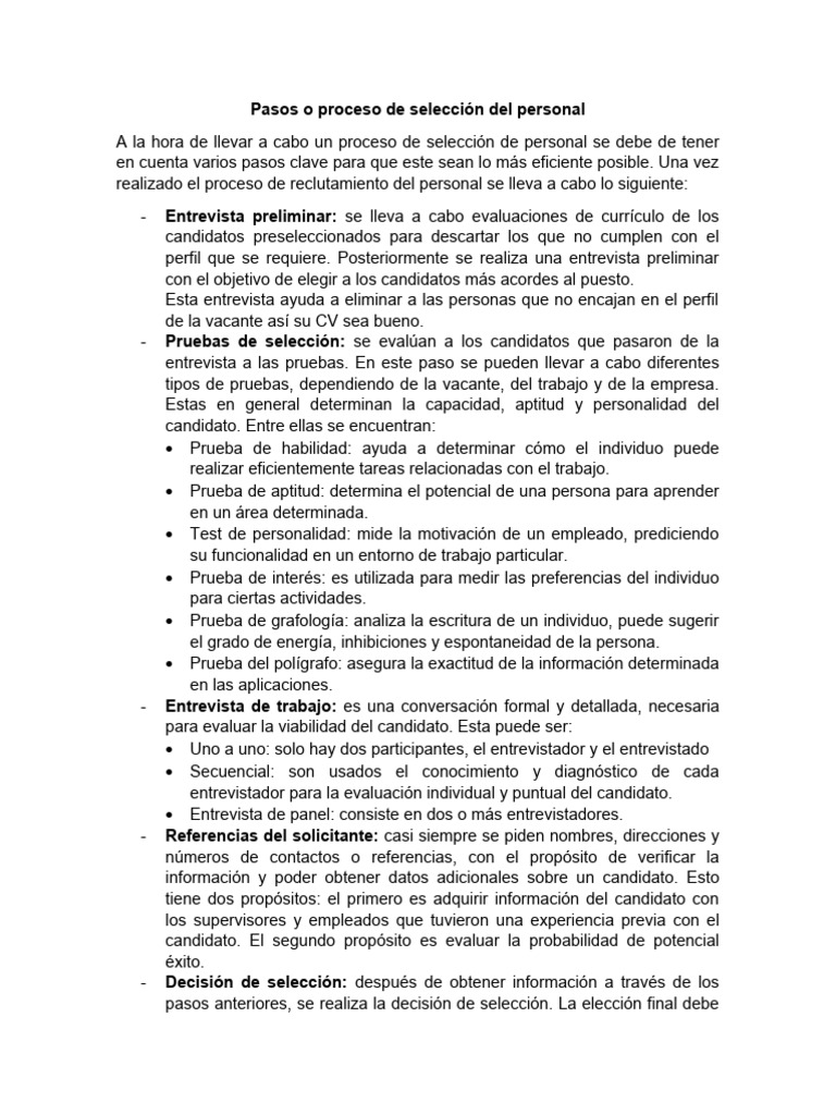 Pasos o Proceso de Selección Del Personal | PDF | Reclutamiento | Cognición