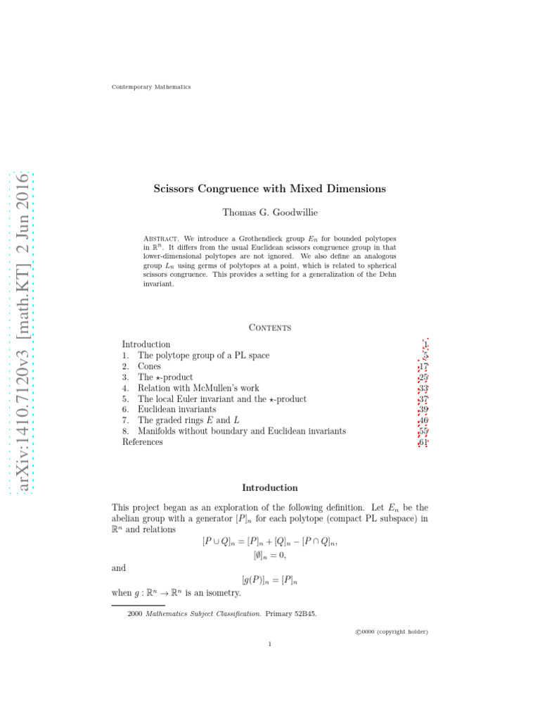 Scissors Congruence With Mixed Dimensions: Thomas G. Goodwillie | PDF ...
