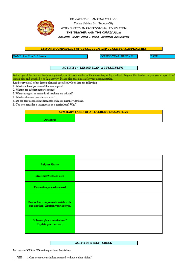 Midterm Worksheets in The Teacher and The Curriculum | PDF | Curriculum ...