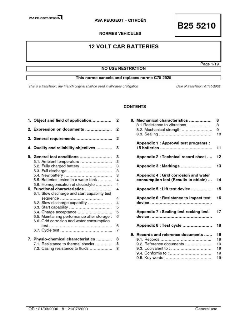PSA B25 5210: 12V Battery Norms | PDF | Electricity | Electrical ...