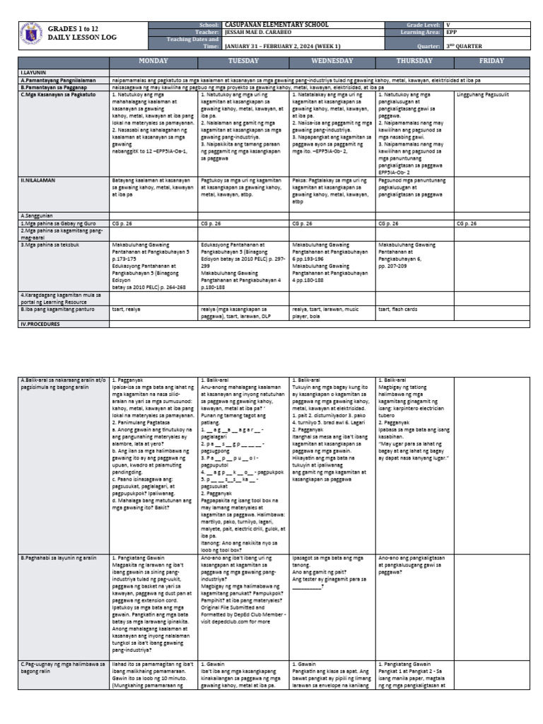 DLL - Epp 5 - Q3 - W1 | PDF