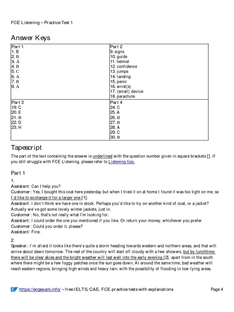 Fce Listening Practice Test 1 Part 1 Key Transcript Pdf Teachers