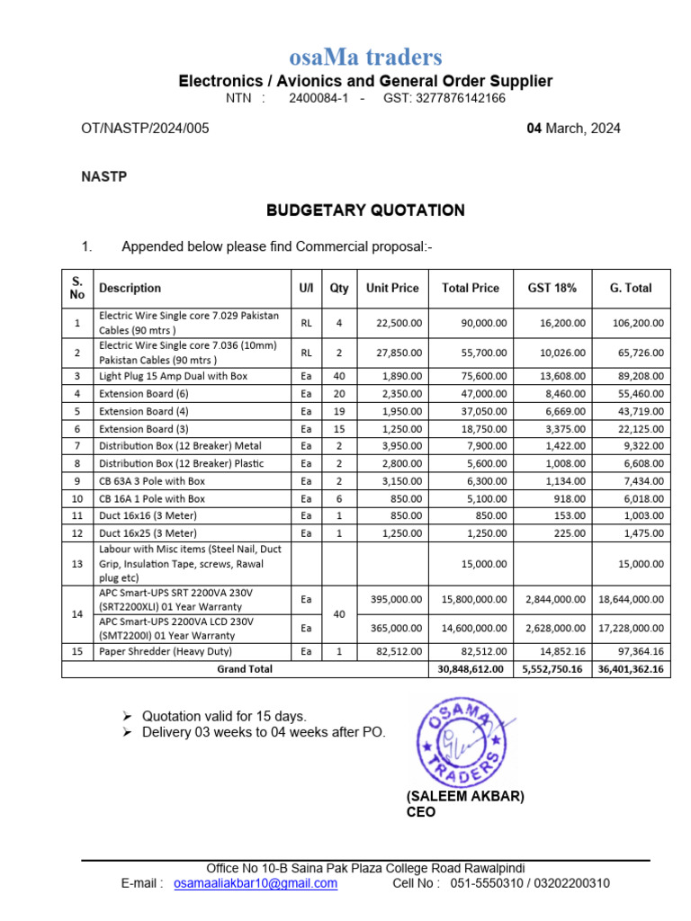 Budgetary Quotation for Electronics Supplies | PDF | Electric Power ...