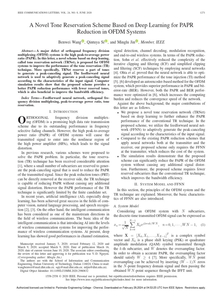 Deep Learning for Tone Reservation in OFDM | PDF | Orthogonal Frequency ...
