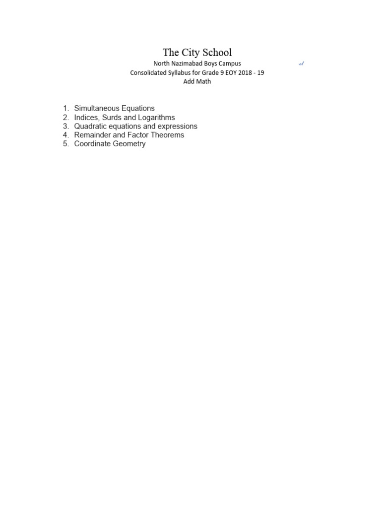 Grade 9 Add Math Syllabus 2018-19 | PDF