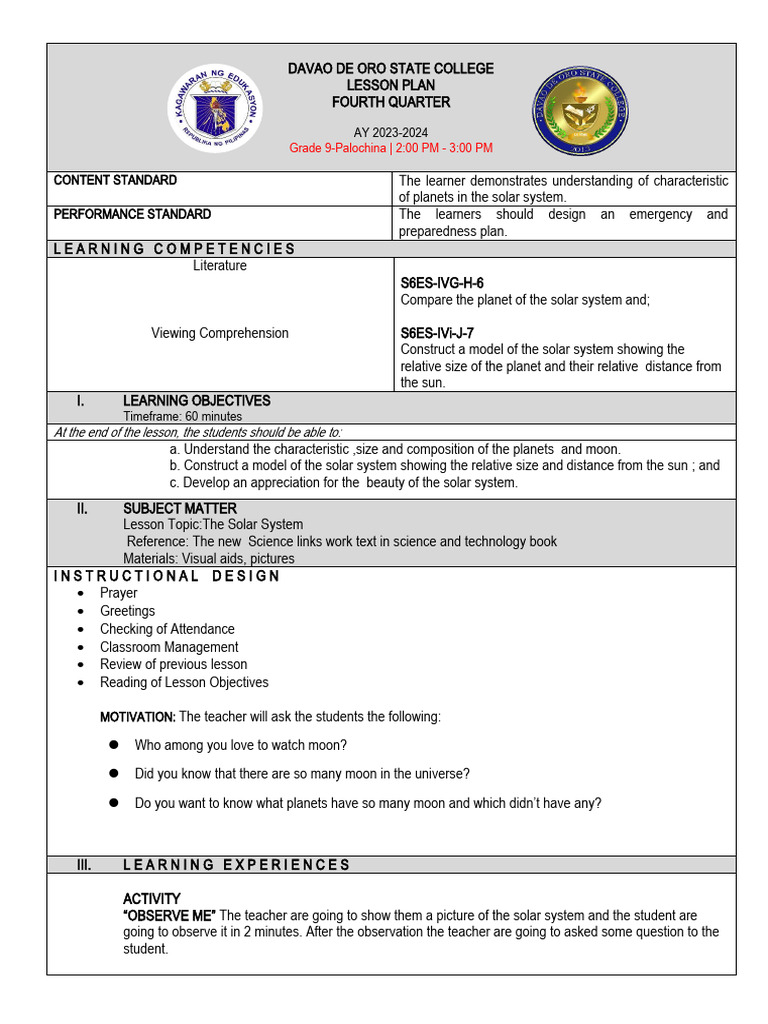 Grade 9 Solar System Lesson Plan | PDF | Planets | Jupiter