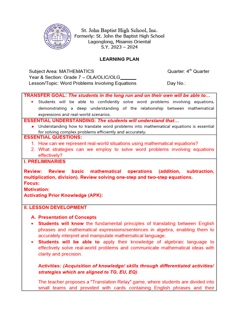 LP G7 Word Problems Involving Equations | PDF | Mathematics | Equations