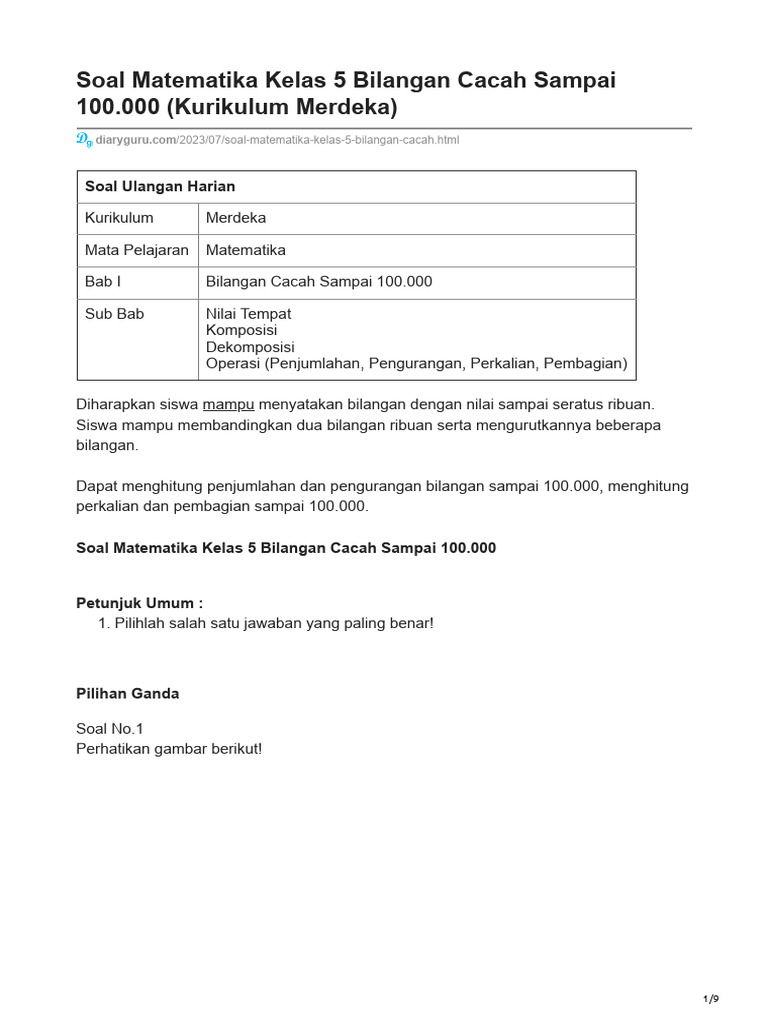 Soal Matematika Bilangan Cacah Kelas 5 | PDF