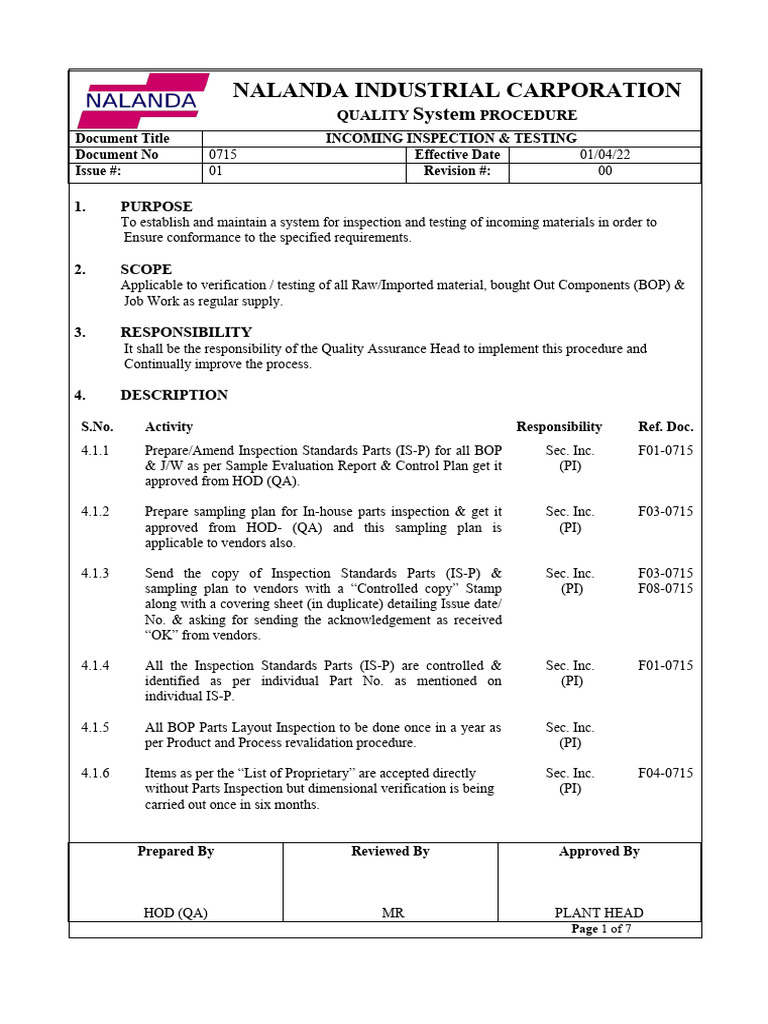Incoming Inspection & Testing Procedure | PDF | Quality Assurance ...