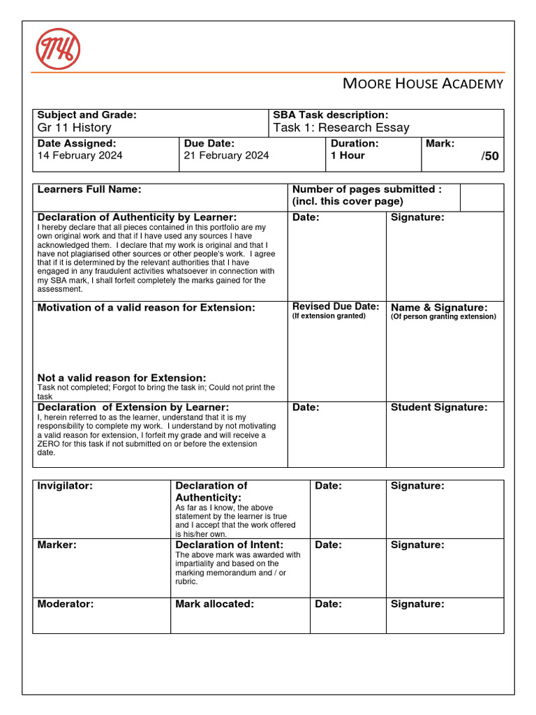 2024 Grade 11 History Task 1 Essay QP (MODERATED) PDF Essays