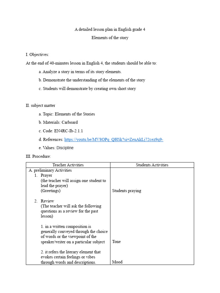 Grade 4 English Lesson: Story Elements | PDF | Lesson Plan | Behavior ...