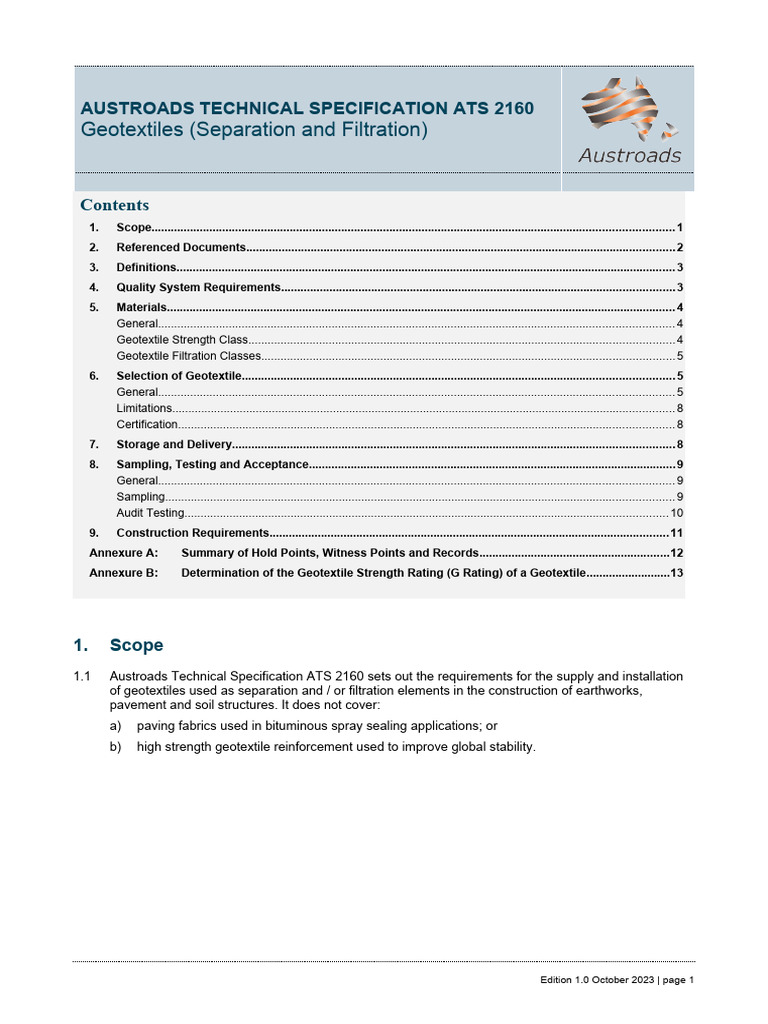 Austroads ATS 2160 Geotextile Specs | PDF | Drainage | Fibers