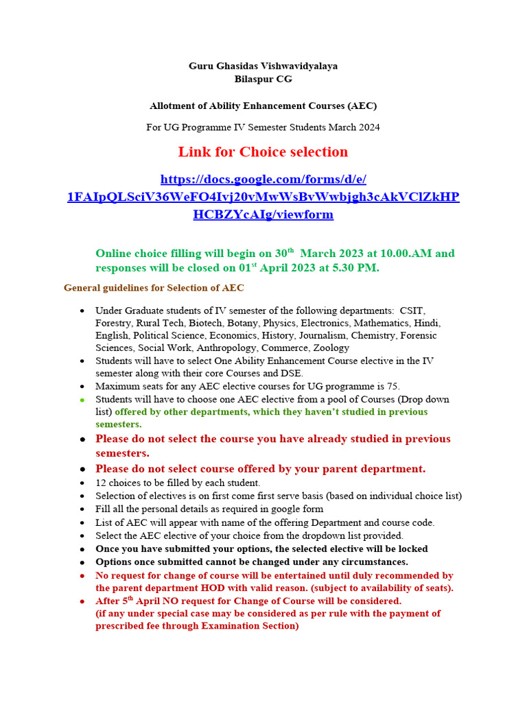 AEC Course Allotment for UG IV Semester | PDF | Science