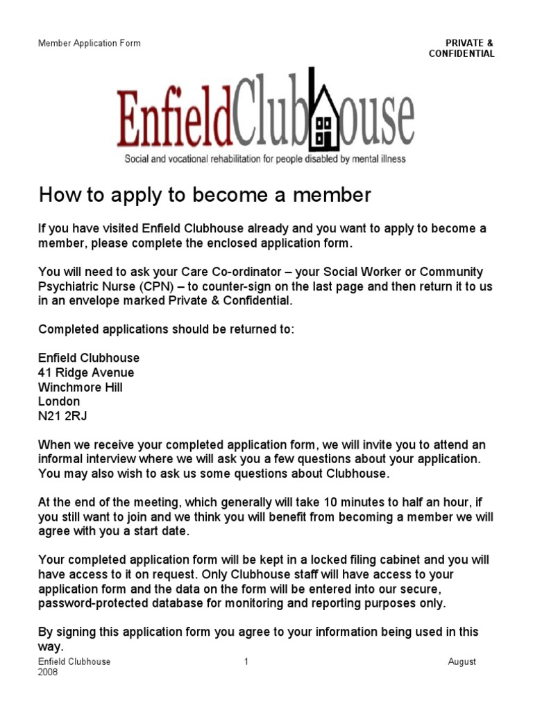Enfield Clubhouse Interactive Member Application Form | PDF