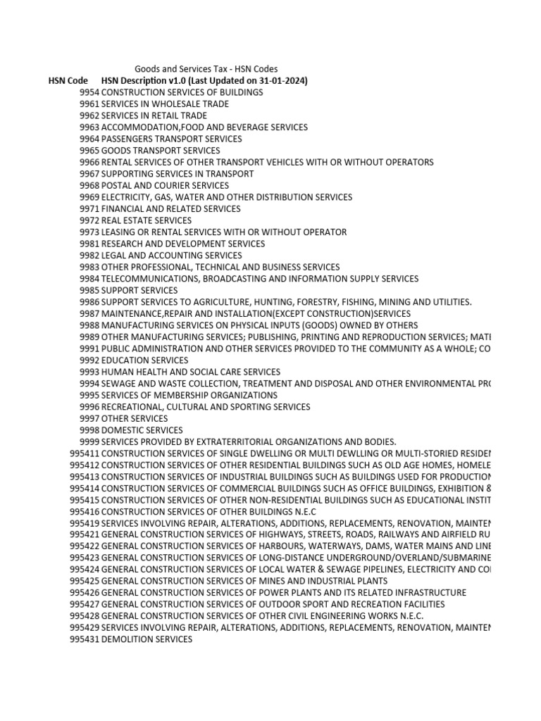 Goods and Services Tax HSN Codes PDF Transport Insurance
