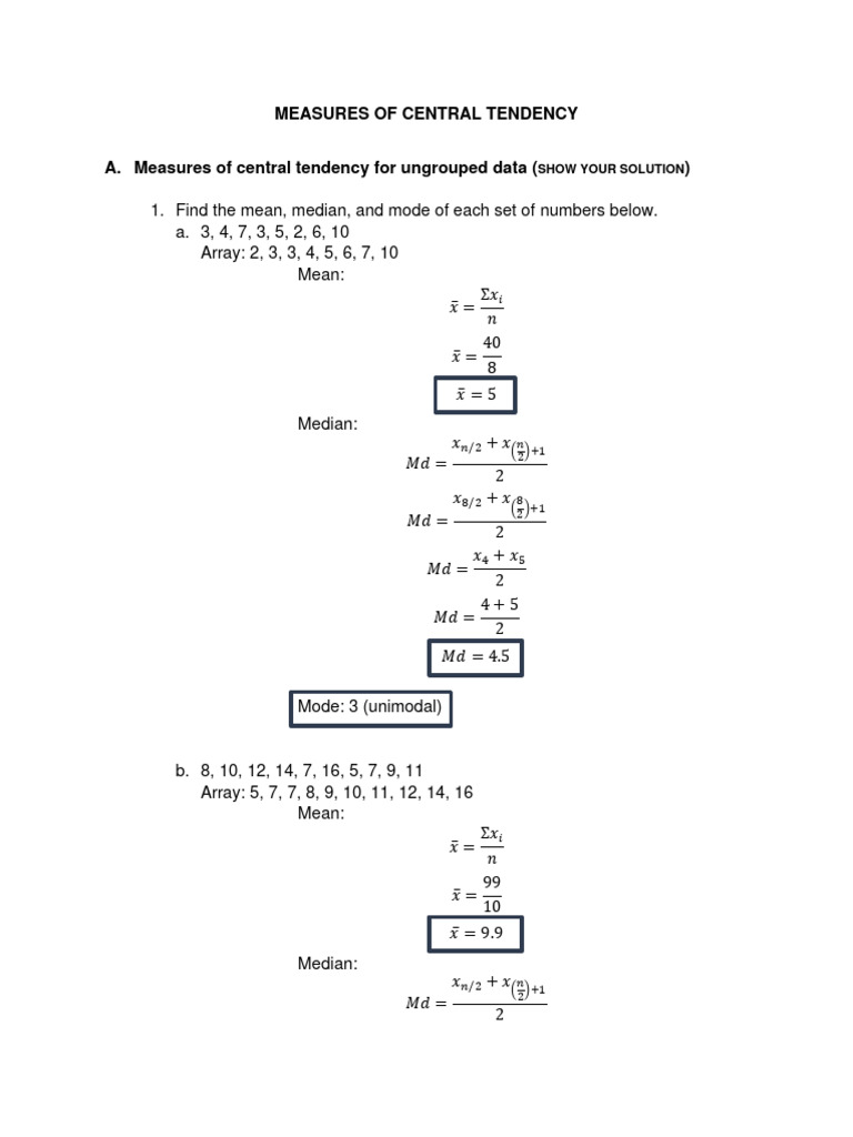 Measures of Central Tendency Worksheet With Solution and Answer PDF