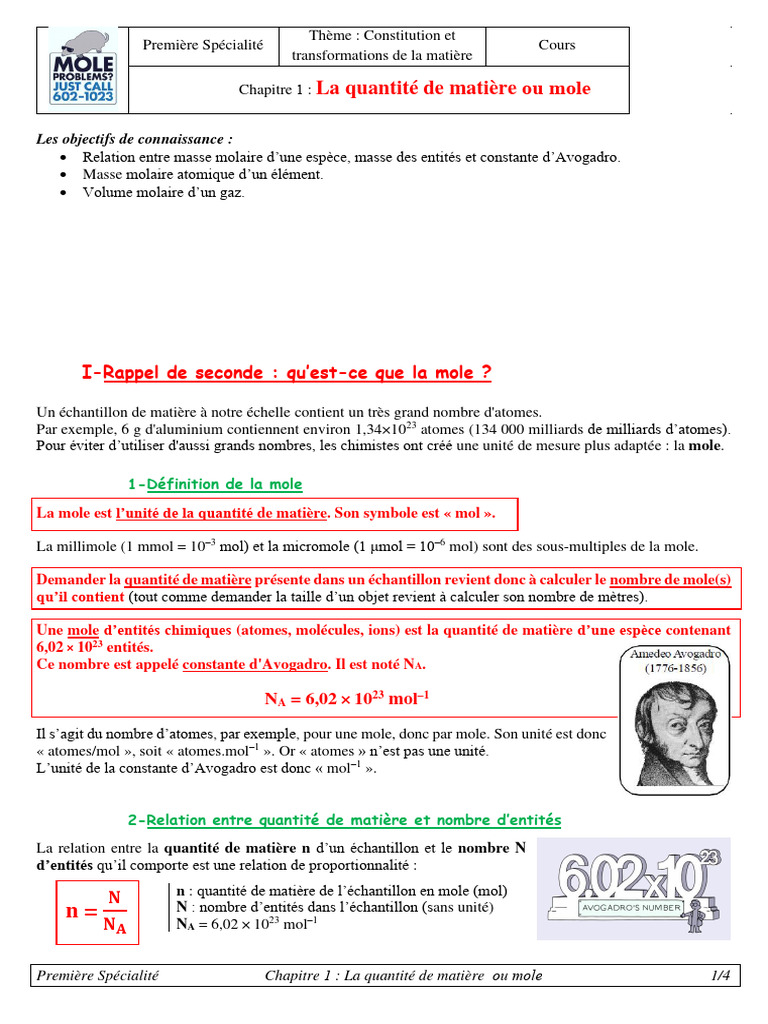 Comprendre la quantité de matière | PDF | Mole (unité) | Sciences physiques