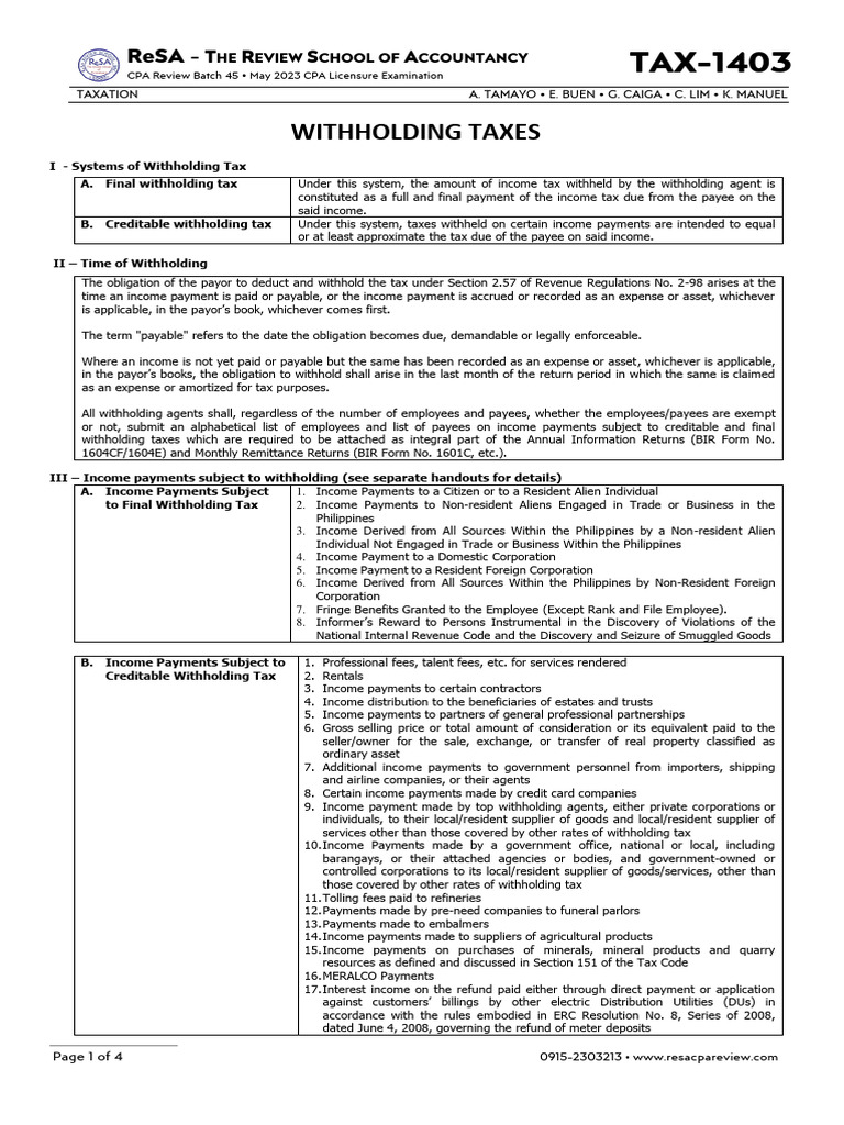 Withholding Taxes Overview for CPA Exam | PDF | Payroll Tax | Taxes