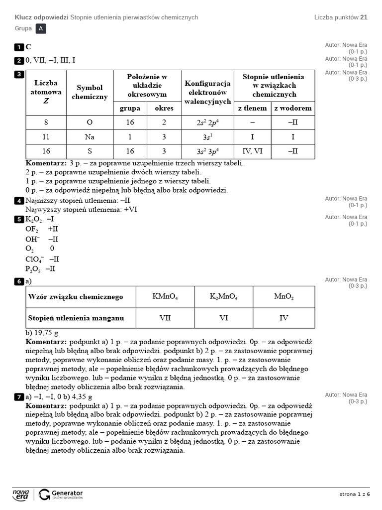 Ustal Stopnie Utlenienia Pierwiastków Chemicznych W Jonach O Podanych Wzorach Stopnie Utlenienia Pierwiastków Chemicznych Klucz Odpowiedzi | PDF