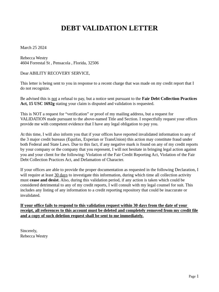 Debt Validation Letter | PDF | Liability (Financial Accounting ...