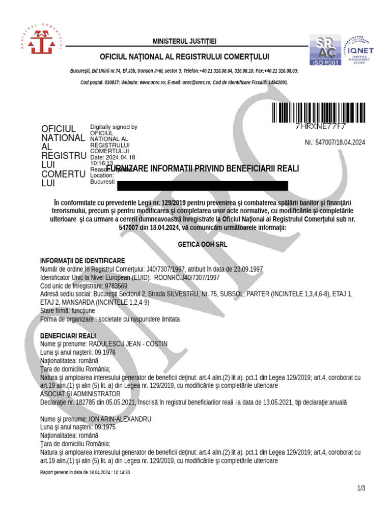 Getica OOH SRL Beneficiari Reali Registrul Comertului | PDF