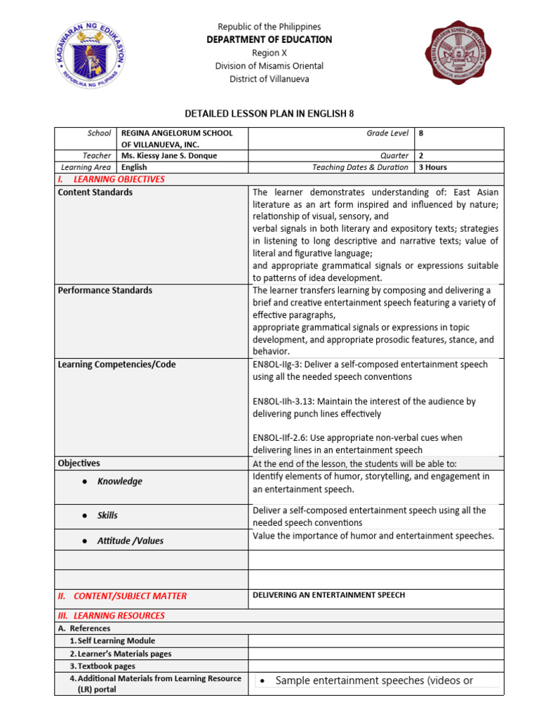 Grade 8 Entertainment Speech Lesson Plan | PDF | Entertainment | Learning