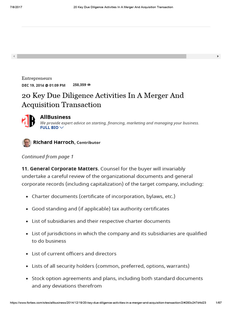 Key Due Diligence in M&A Transactions | PDF | Mergers And Acquisitions ...