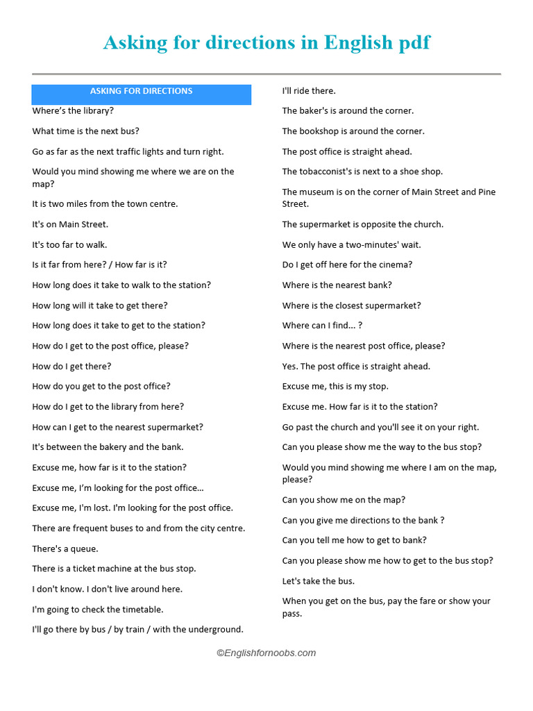 Asking For Directions in English PDF | PDF | Bus Transport | Land Transport
