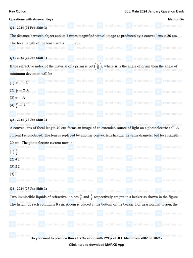 Ray Optics JEE Main 2024 January Question Bank MathonGo PDF