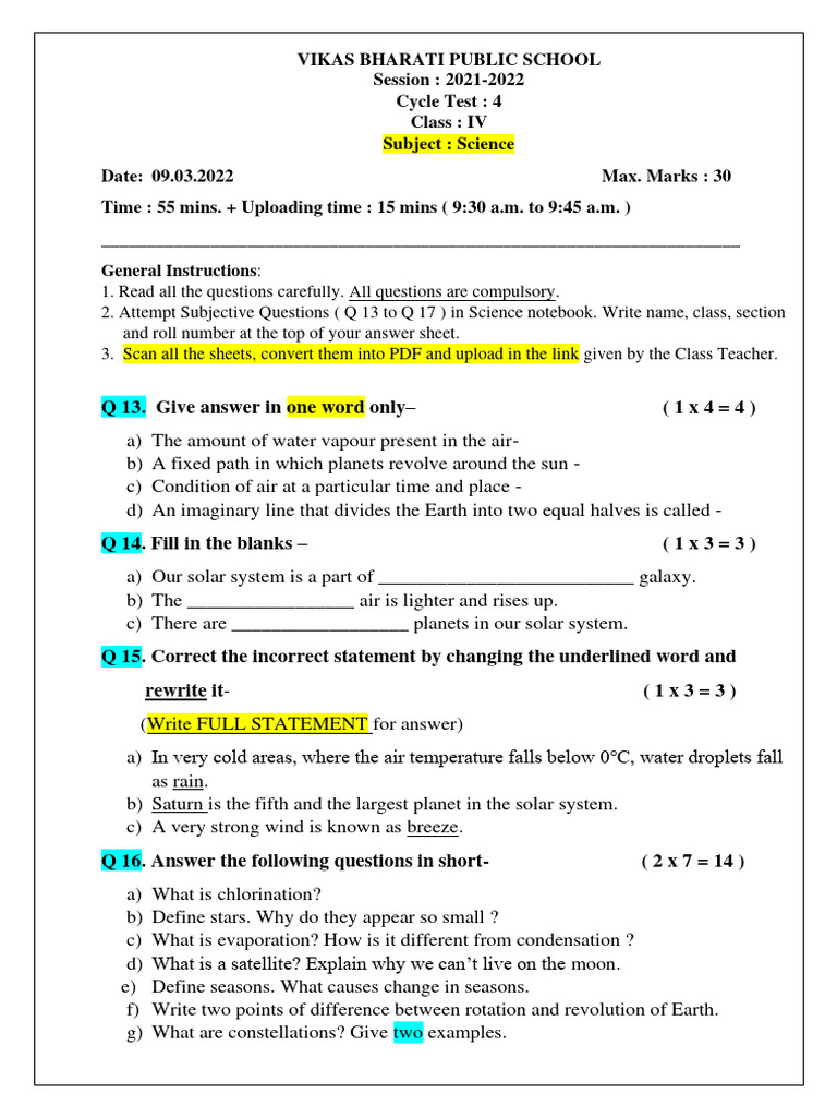 4th Grade Science Subjective Questions | PDF | Planets | Solar System