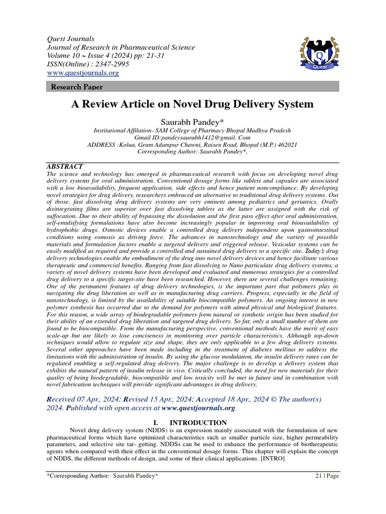 A Review Article on Novel Drug Delivery System Saurabh Pandey