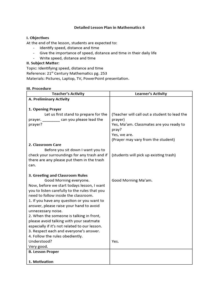 Lesson Plan: Speed, Distance, Time | PDF | Speed | Learning