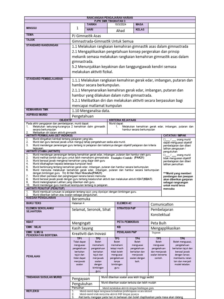 Rancangan Pengajaran PJPK Tingkatan 3 | PDF