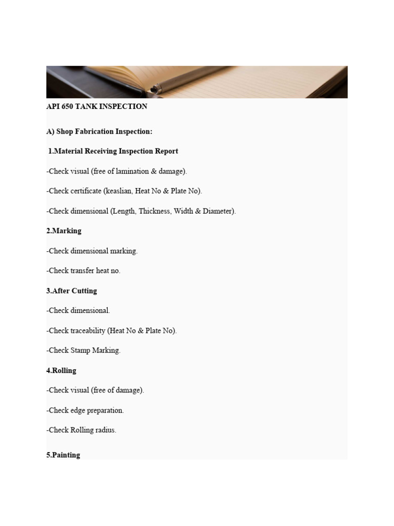 API - 650 Check List Tank Inspection | PDF | Welding | Construction
