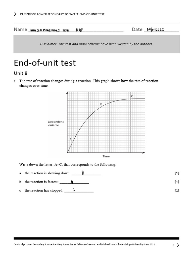 S9 end of unit 8 test answered pdf reaction rate chemical reactions