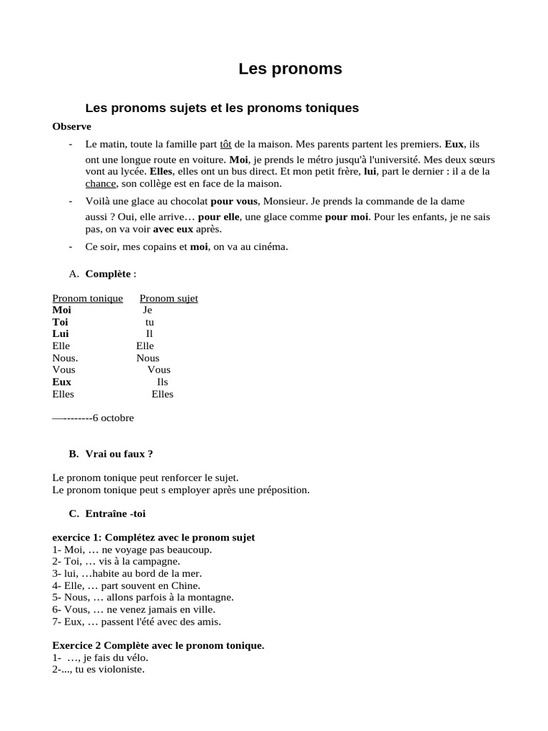 Exercices sur les pronoms personnels | PDF | Complément d'objet | Syntaxe