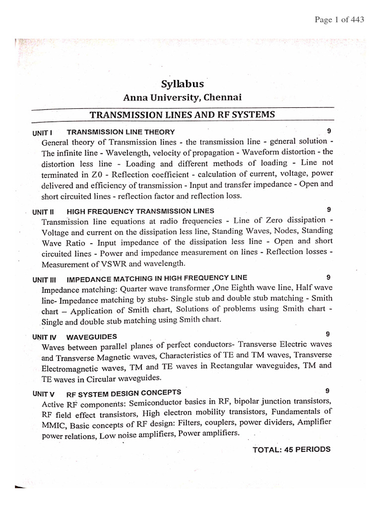 Ec3551 Transmission Lines and RF Systems (Reg2021) PDF
