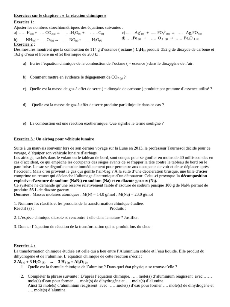 Exercices de chimie sur les réactions chimiques | PDF | Stœchiométrie ...