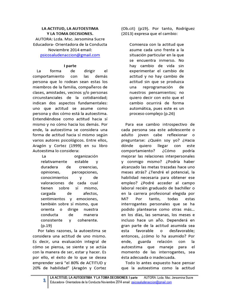 ENSAYO I Parte LA ACTITUD, LA AUTOESTIMA Y LA TOMA DE DECISIONES NOV ...