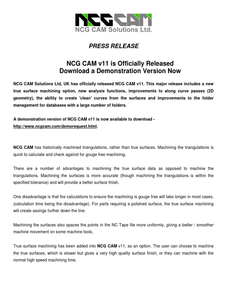 NCG CAM v11 Release Announcement | PDF | Machining | Computing