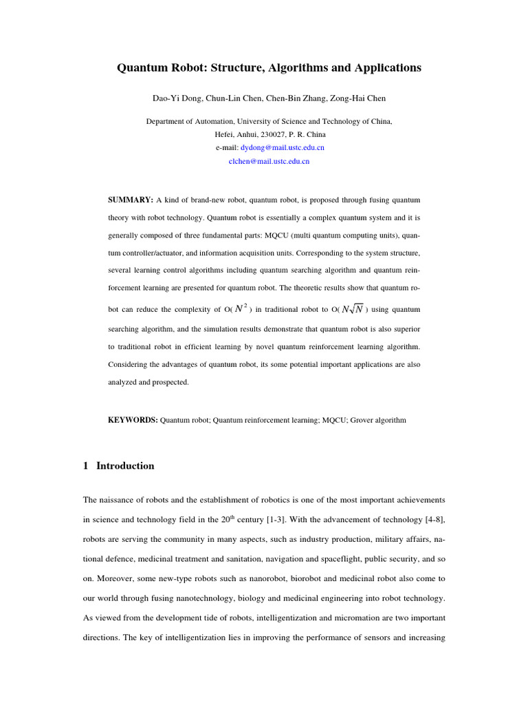 Quantum Robot: Structure, Algorithms and Applications | PDF | Quantum ...