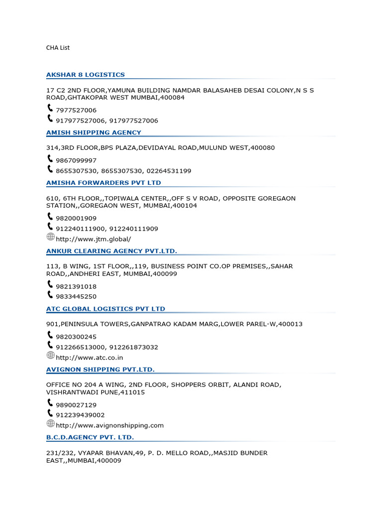 Mumbai CHA Directory List | PDF | Mumbai | Transport